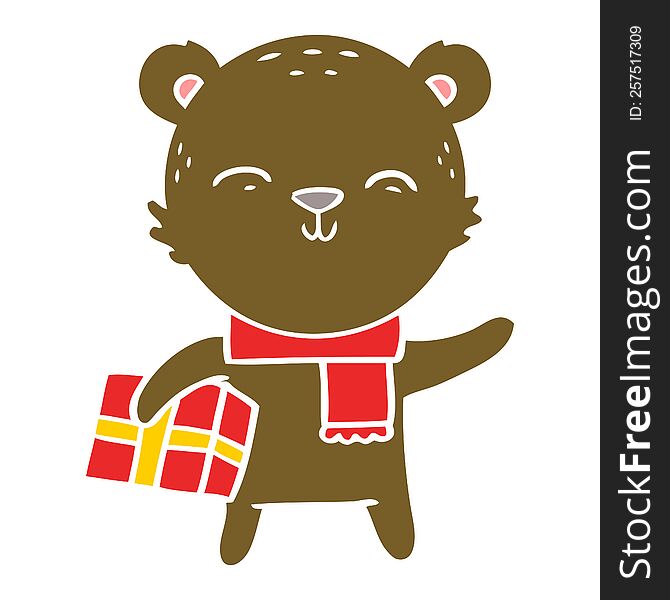 Happy Flat Color Style Cartoon Bear With Present