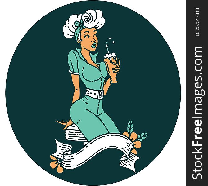 tattoo in traditional style of a pinup girl drinking a milkshake with banner. tattoo in traditional style of a pinup girl drinking a milkshake with banner