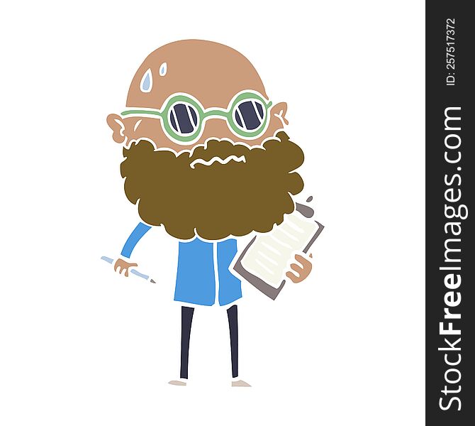 flat color style cartoon worried man with beard and sunglasses taking survey