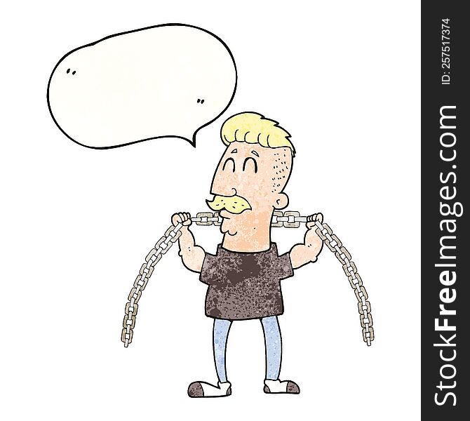 freehand speech bubble textured cartoon man lifting chain