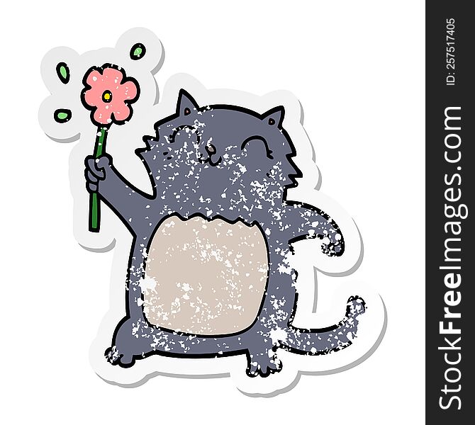 distressed sticker of a cartoon cat with flower