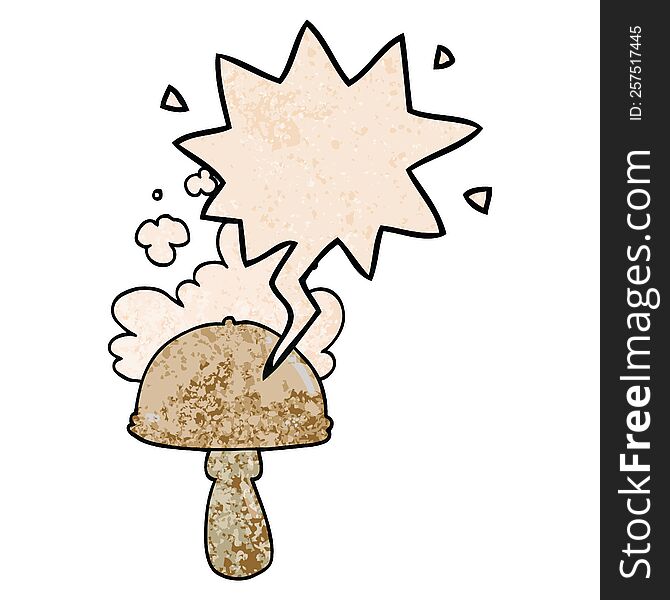 cartoon mushroom with spore cloud with speech bubble in retro texture style. cartoon mushroom with spore cloud with speech bubble in retro texture style