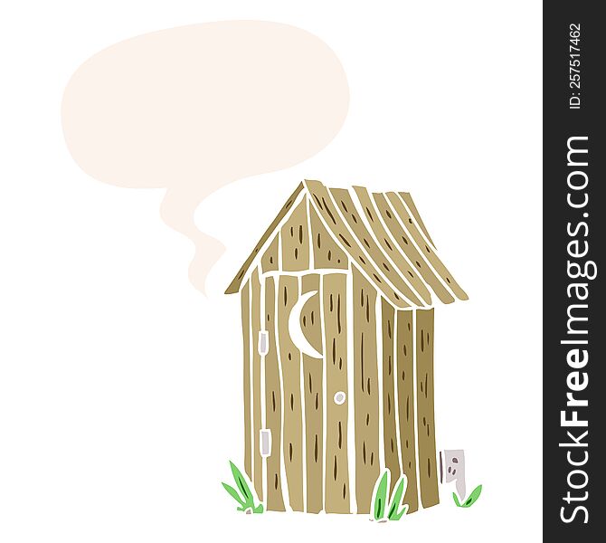 Cartoon Traditional Outdoor Toilet And Crescent Moon Window And Speech Bubble In Retro Style