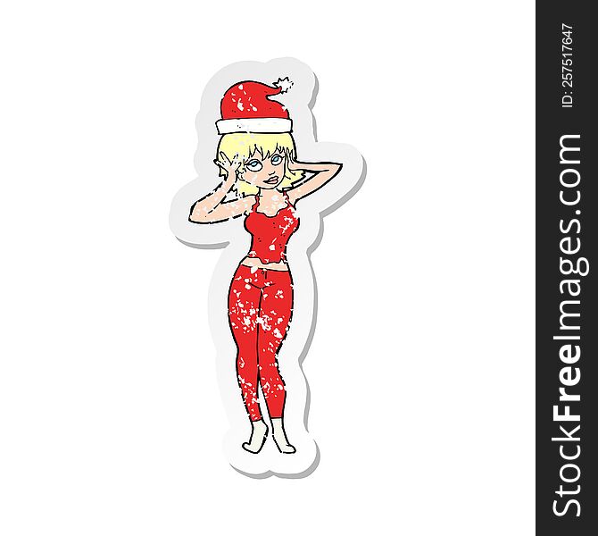 Retro Distressed Sticker Of A Cartoon Woman All Ready For Christmas