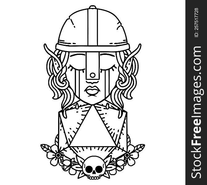 Black and White Tattoo linework Style sad elf fighter character with natural one d20 roll. Black and White Tattoo linework Style sad elf fighter character with natural one d20 roll
