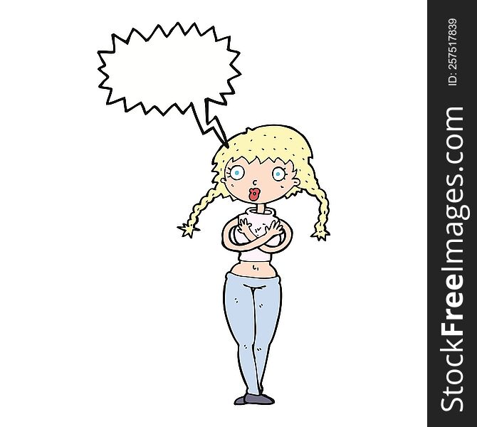 cartoon offended woman covering herself with speech bubble