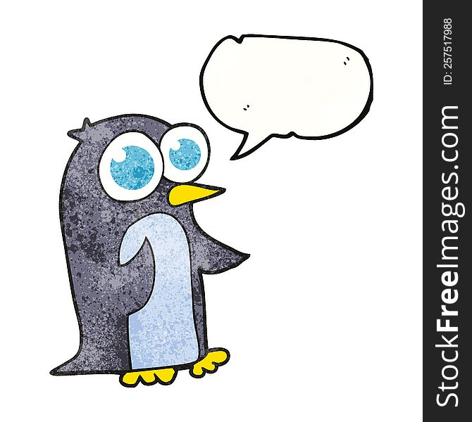 freehand speech bubble textured cartoon penguin with big eyes