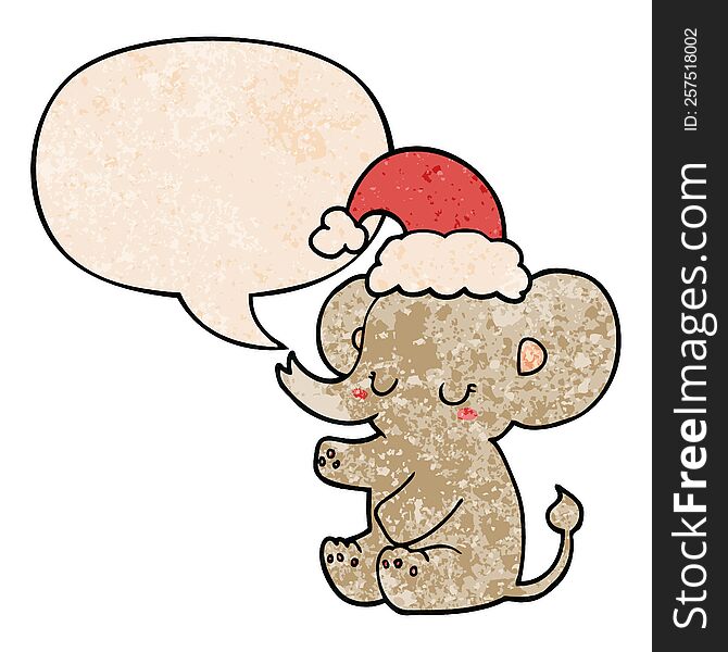 Cute Christmas Elephant And Speech Bubble In Retro Texture Style