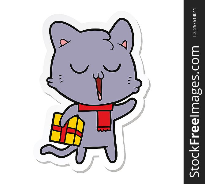 sticker of a cartoon cat with gift