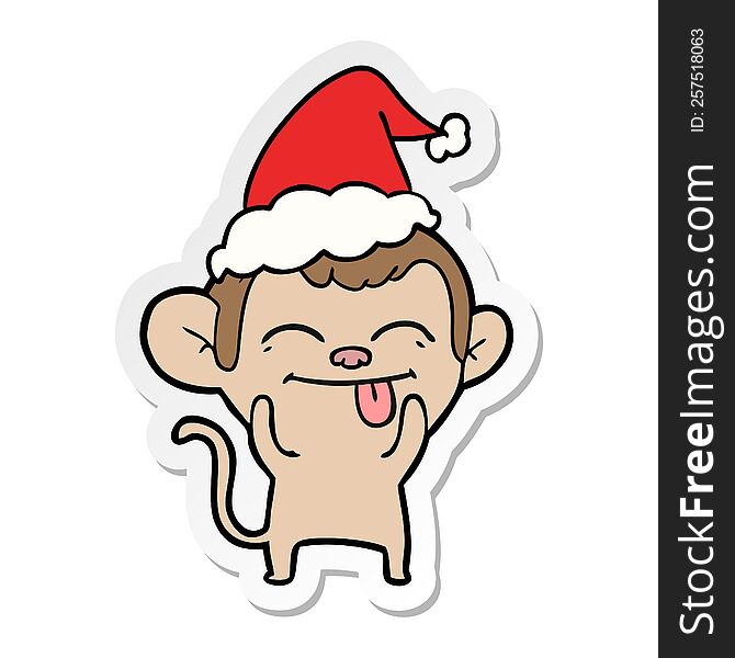 funny hand drawn sticker cartoon of a monkey wearing santa hat. funny hand drawn sticker cartoon of a monkey wearing santa hat