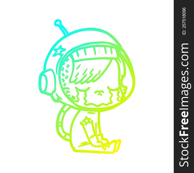 Cold Gradient Line Drawing Cartoon Crying Astronaut Girl Sitting
