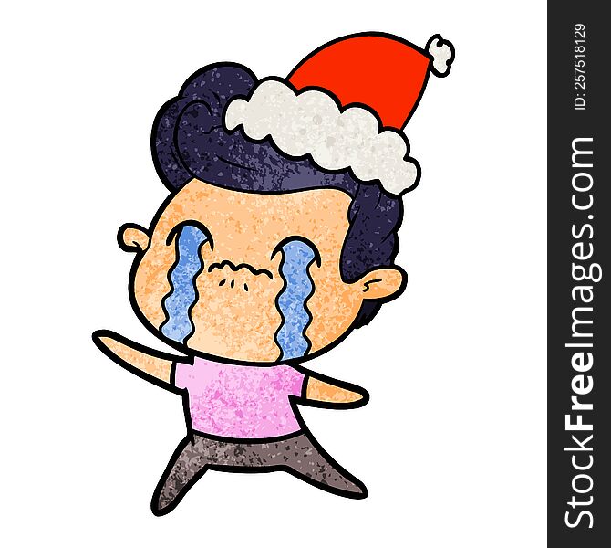 Textured Cartoon Of A Man Crying Wearing Santa Hat