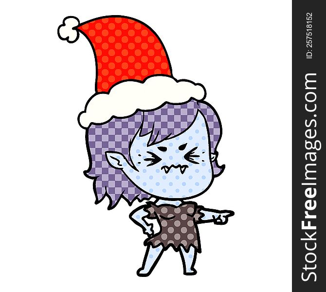 annoyed hand drawn comic book style illustration of a vampire girl wearing santa hat