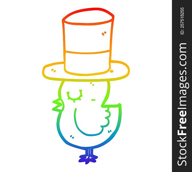 rainbow gradient line drawing of a cartoon bird wearing top hat