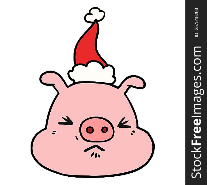Line Drawing Of A Angry Pig Face Wearing Santa Hat