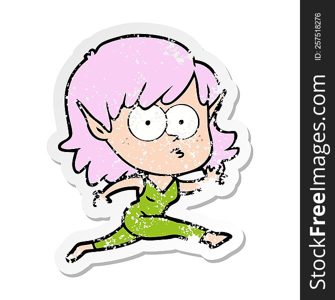 Distressed Sticker Of A Cartoon Elf Girl Running