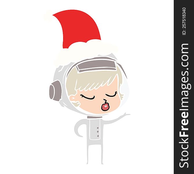 hand drawn flat color illustration of a pretty astronaut girl wearing santa hat