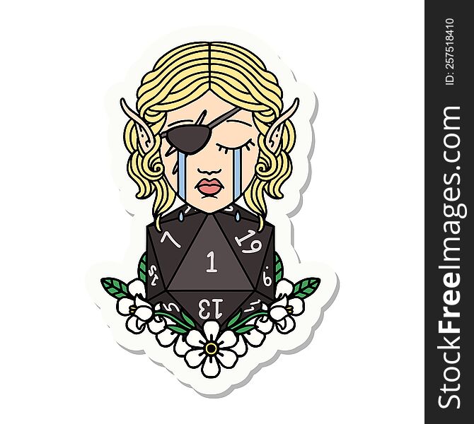 sticker of a crying elf rogue character face with natural one D20 roll. sticker of a crying elf rogue character face with natural one D20 roll
