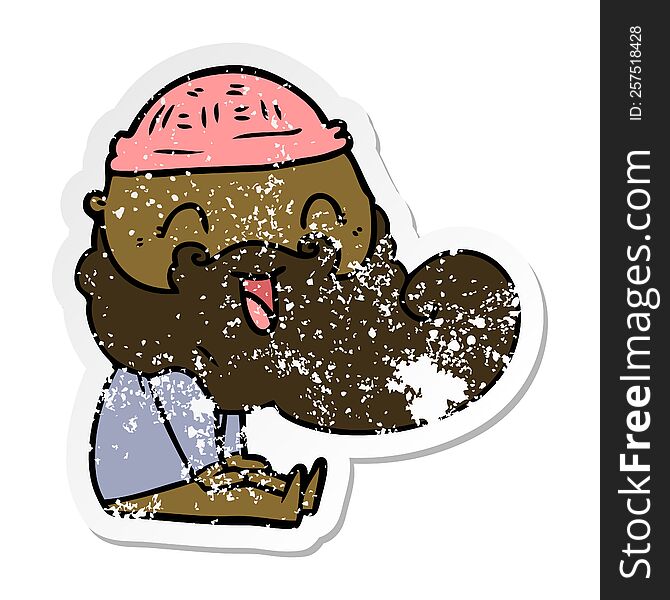 Distressed Sticker Of A Happy Bearded Man Sat Down Laughing