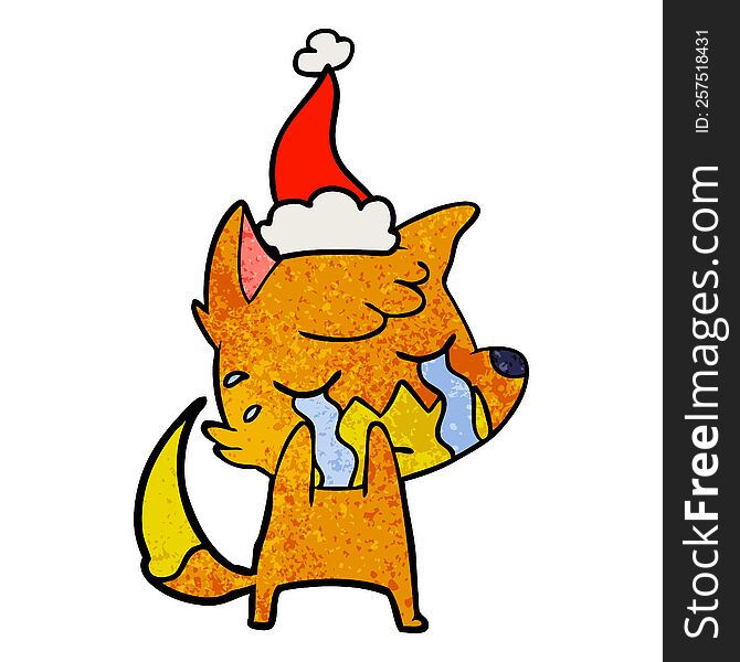 crying fox hand drawn textured cartoon of a wearing santa hat. crying fox hand drawn textured cartoon of a wearing santa hat