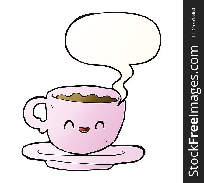 cartoon hot cup of coffee with speech bubble in smooth gradient style
