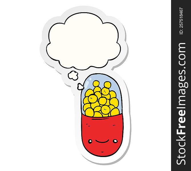cartoon pill with thought bubble as a printed sticker