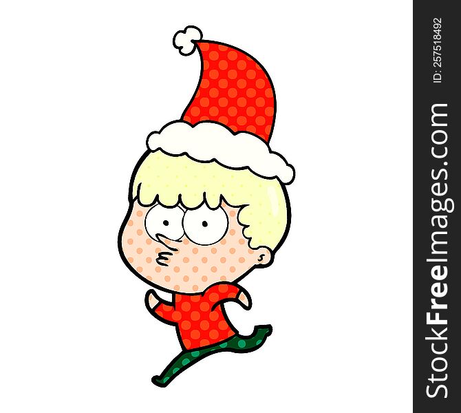 hand drawn comic book style illustration of a curious boy running wearing santa hat