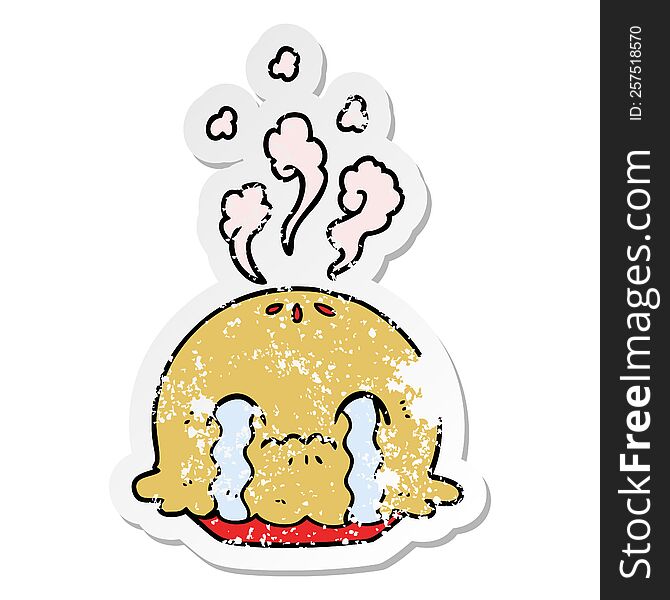 distressed sticker of a cartoon crying pie