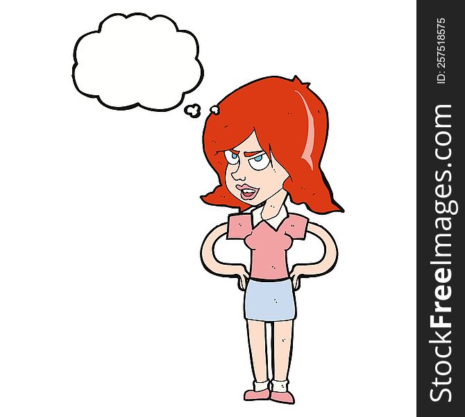 Cartoon Annoyed Woman With Hands On Hips With Thought Bubble