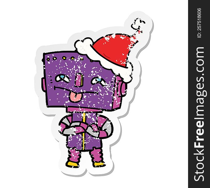 Distressed Sticker Cartoon Of A Robot Wearing Santa Hat