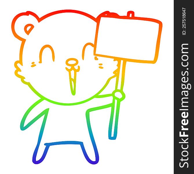 rainbow gradient line drawing of a happy cartoon bear with placard