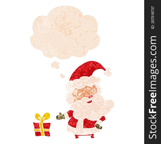 Cartoon Santa Claus And Thought Bubble In Retro Textured Style