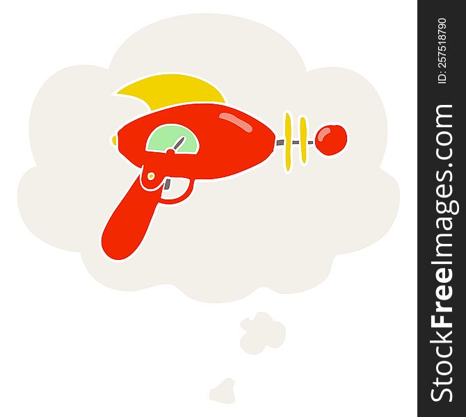 cartoon ray gun with thought bubble in retro style