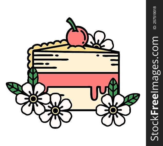 tattoo in traditional style of a slice of cake and flowers. tattoo in traditional style of a slice of cake and flowers