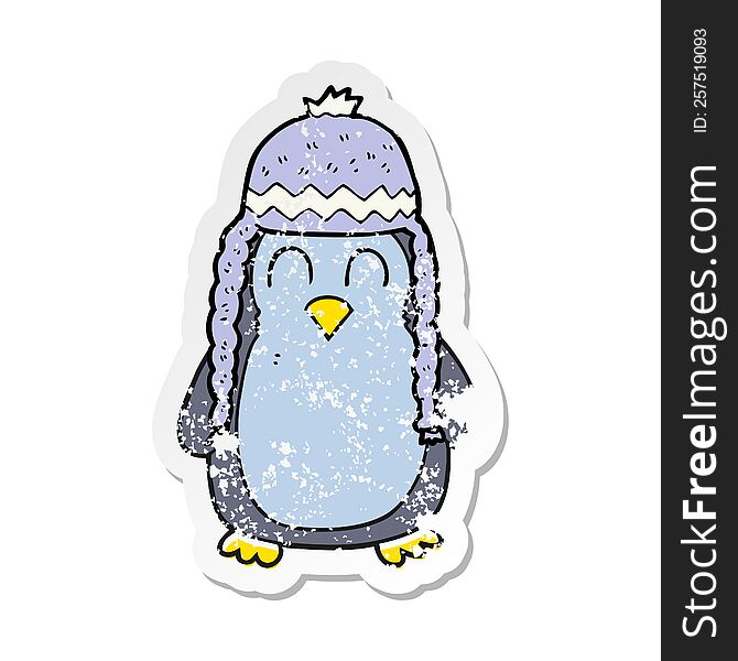 Retro Distressed Sticker Of A Cartoon Penguin Wearing Hat