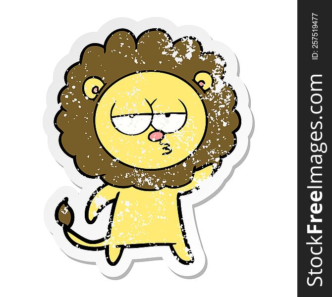 distressed sticker of a cartoon bored lion waving