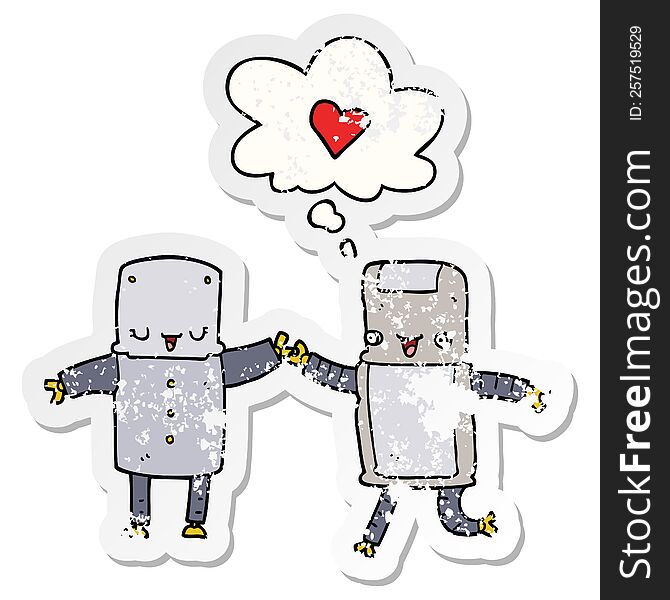 cartoon robots in love and thought bubble as a distressed worn sticker