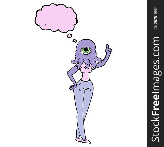 thought bubble cartoon female alien with raised hand