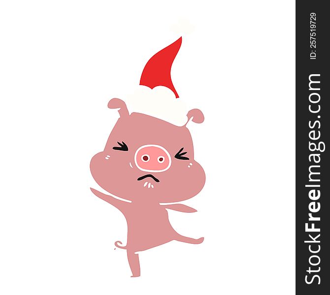 hand drawn flat color illustration of a furious pig wearing santa hat
