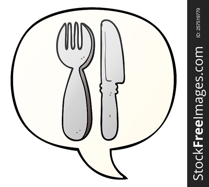 cartoon knife and fork and speech bubble in smooth gradient style