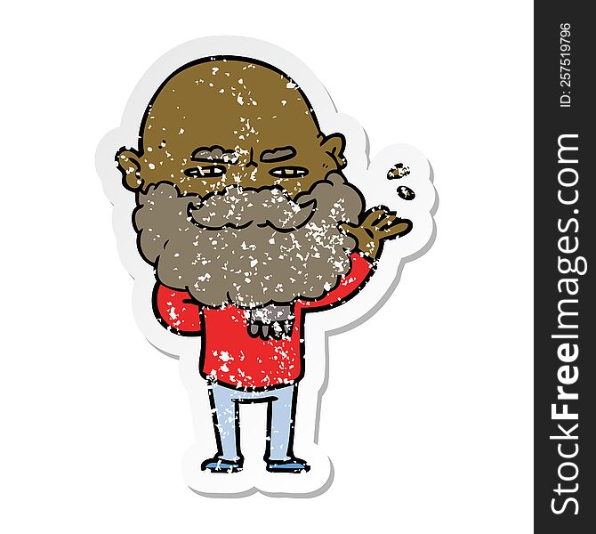 distressed sticker of a cartoon dismissive man with beard frowning