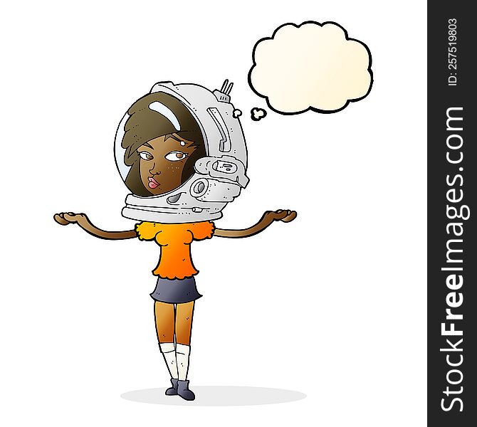 cartoon woman wearing space helmet with thought bubble