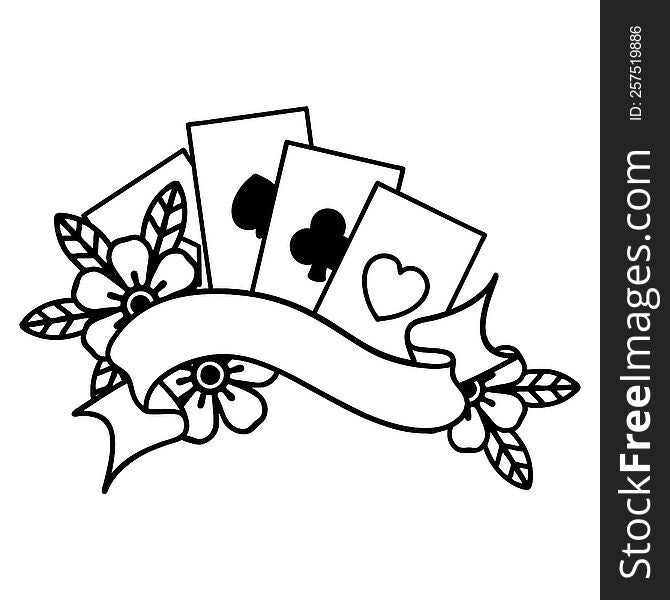 tattoo in black line style of cards and banner. tattoo in black line style of cards and banner