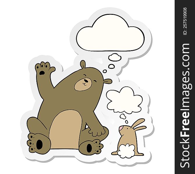 Cartoon Bear And Rabbit Friends And Thought Bubble As A Printed Sticker