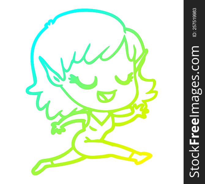 cold gradient line drawing of a happy cartoon elf girl running