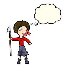 Cartoon Woman With Spear Sticking Out Tongue With Thought Bubble Stock Photography