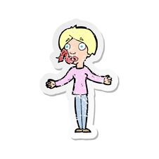 Retro Distressed Sticker Of A Cartoon Woman Telling Lies Stock Photo