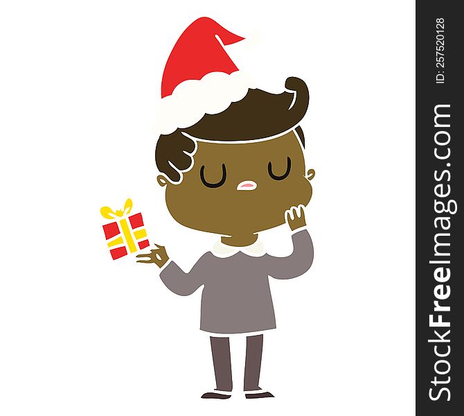 hand drawn flat color illustration of a man wondering wearing santa hat