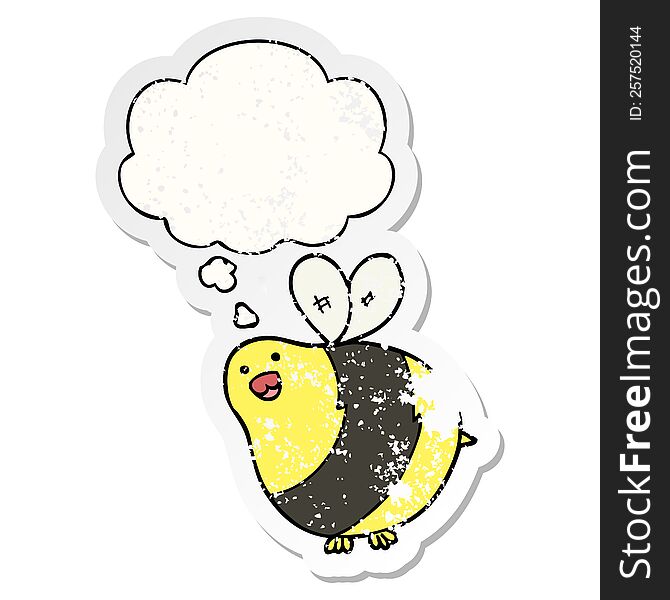 cartoon bee with thought bubble as a distressed worn sticker