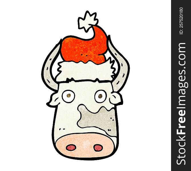 freehand textured cartoon cow wearing christmas hat
